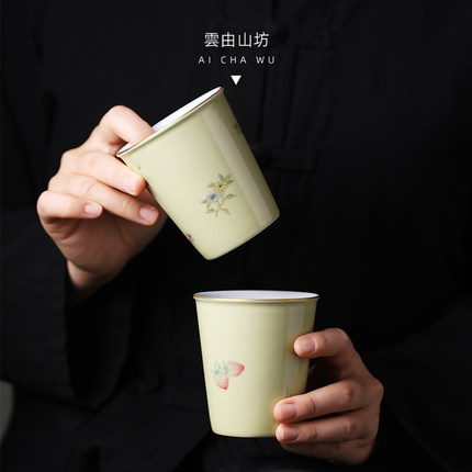 雲由山坊茶具绿釉底手绘粉彩可乐杯草莓水杯满庭芳咖啡杯功夫茶道