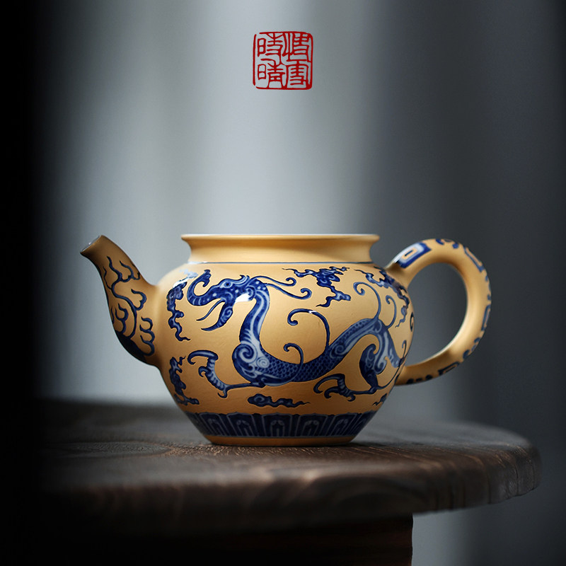 快雪时晴雨辰窑茶具青花金地汉龙纹高公道杯茶海分茶器【9800】