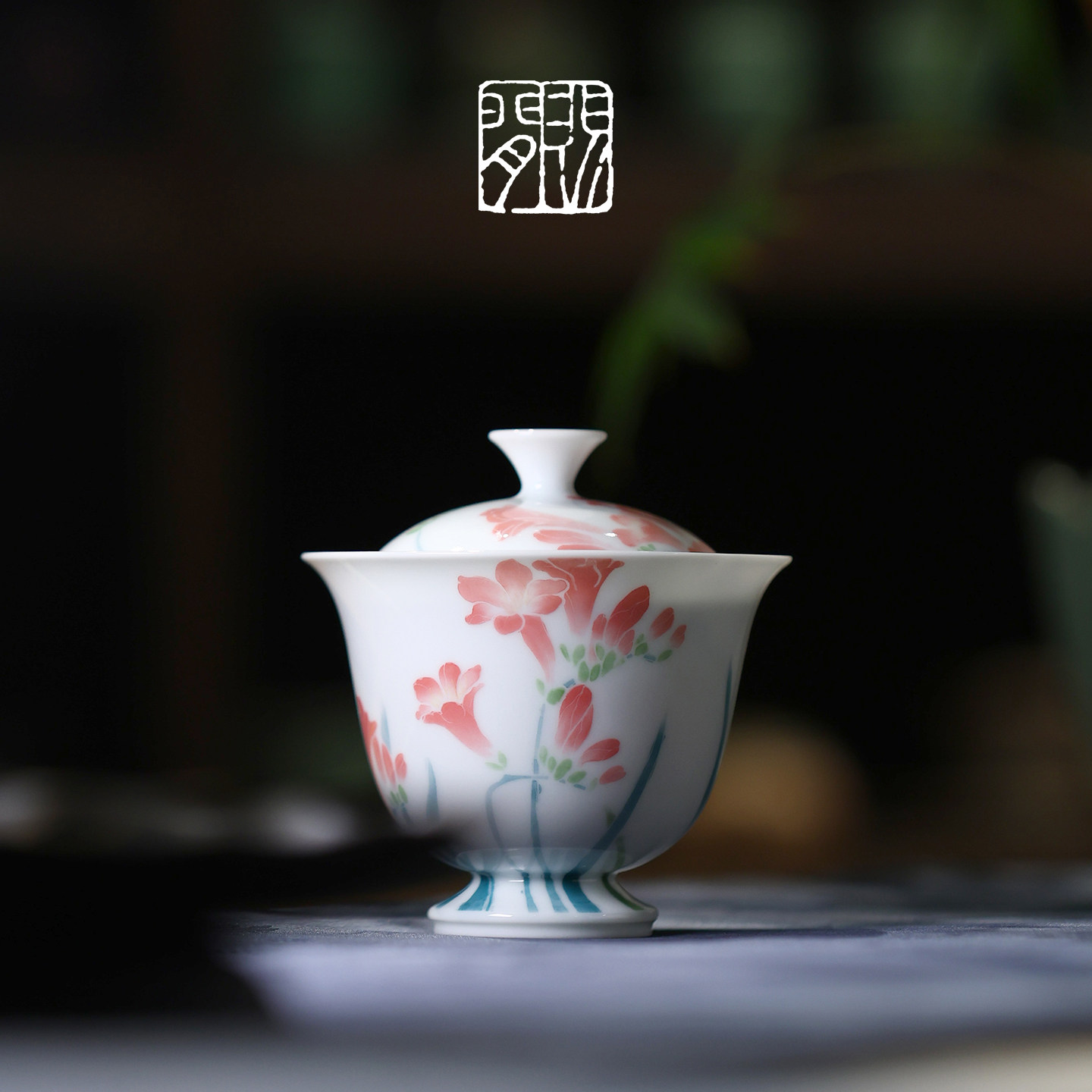 赐闲堂雯华若锦盖碗手绘釉下彩泰狮鱼泡茶器盖杯景德镇陶瓷茶具