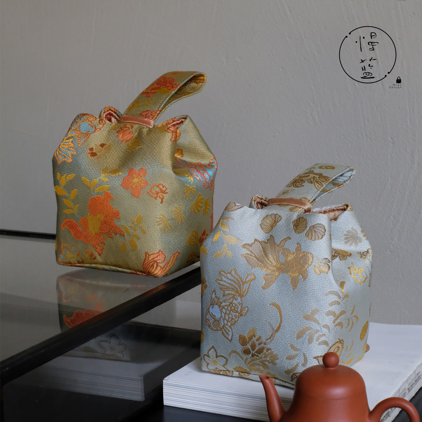 慢蓝香云纱双拼提花在野茶事包mini织锦挎包杯袋茶具收纳手拎袋图片