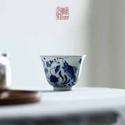陶人临古青花鳜鱼鱼藻纹花神杯