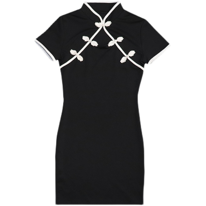 Real shot temperament anchor dress sexy hollow out cheongsam buttoned skirt