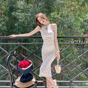 RM8292#高级感气质镂空无袖连衣裙别致修身显身材包臀吊带裙子