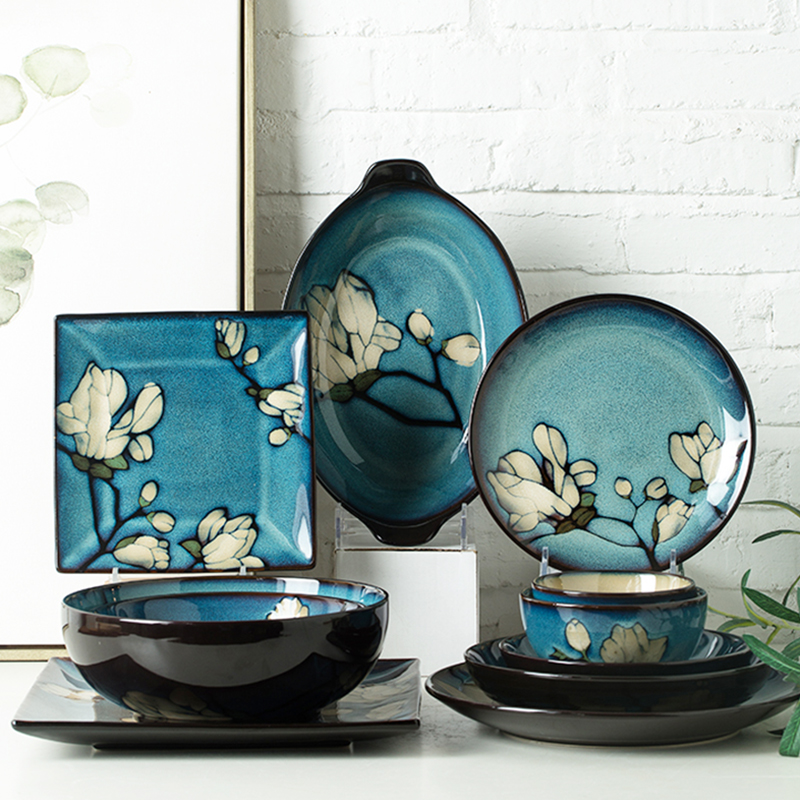 玉兰花陶瓷餐具釉下手绘饭碗汤碗套装家用盘子深盘汤盘方形盘鱼盘,餐饮具,盘,淘宝优惠券,粉丝福利购,淘宝优惠卷