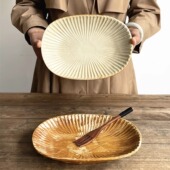 个性 粗陶椭圆菜盘家用陶瓷餐具餐盘碟子高级感日式 西餐水果鱼盘子