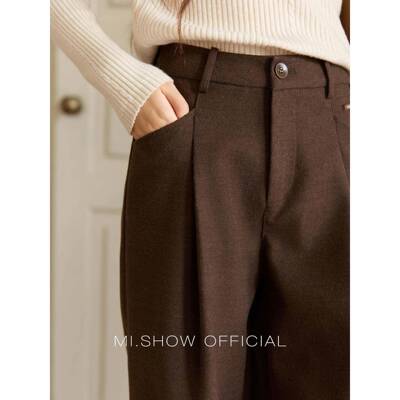 谜秀01闲.3垂新品茶咖色BWT呢阔腿裤 高KLB毛腰感裤长2025秋冬休