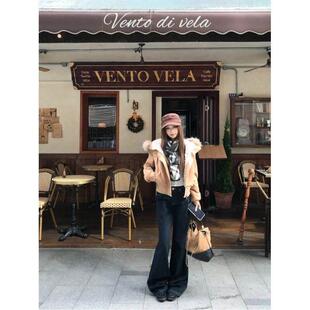 美拉JYE德大毛领连长IJF装短暖女外冬季别绒致袖加套厚保麂皮夹克