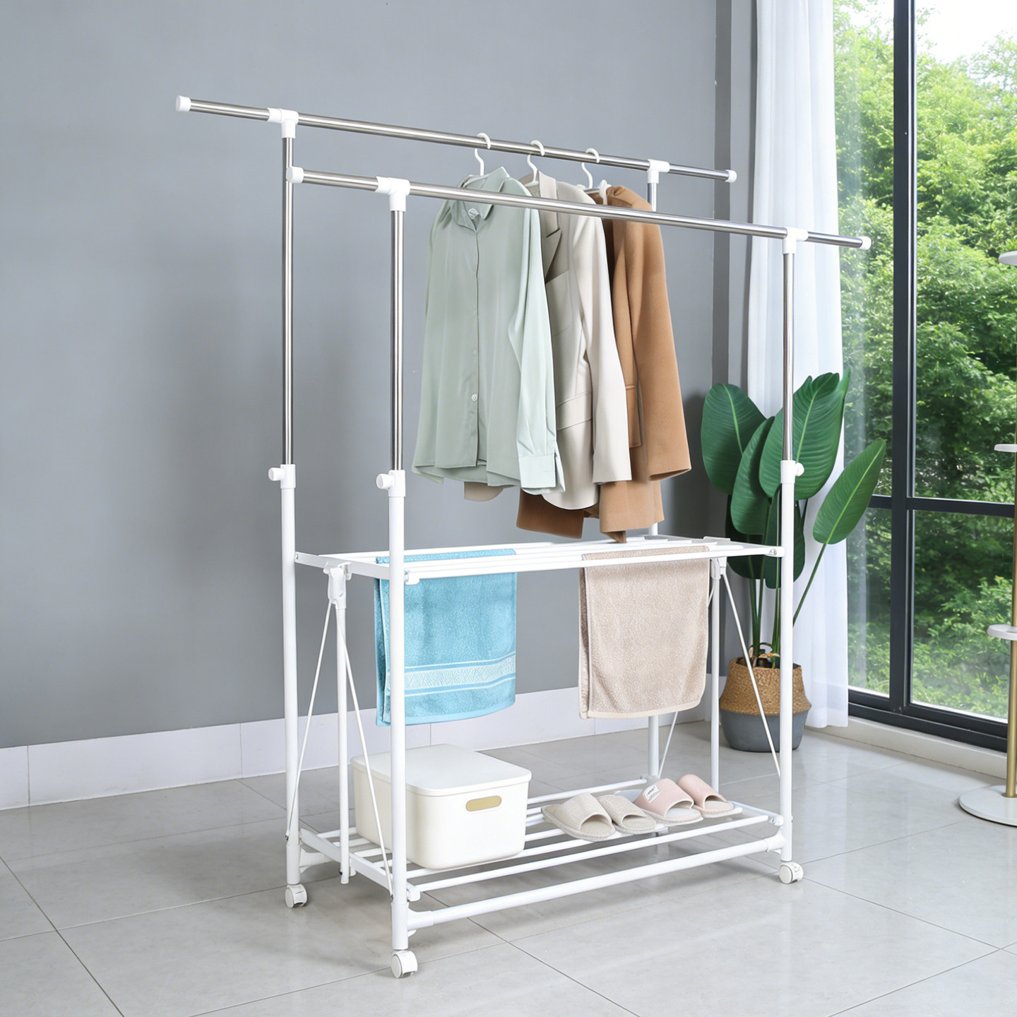 落地折叠免安装双杆晾衣架