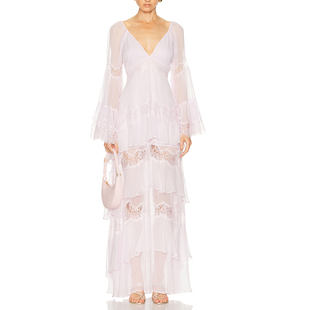 26春夏新品 高个 高品真丝宴会礼服蕾丝拼接蛋糕荷叶边仙女白色长款