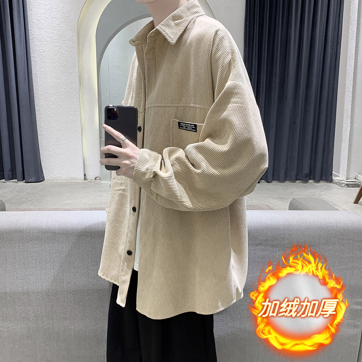 冬季衬衫男长袖加绒加厚加大码韩版潮流港风休闲衬衣外套DX115P65,男装衬衫,电商B413-1