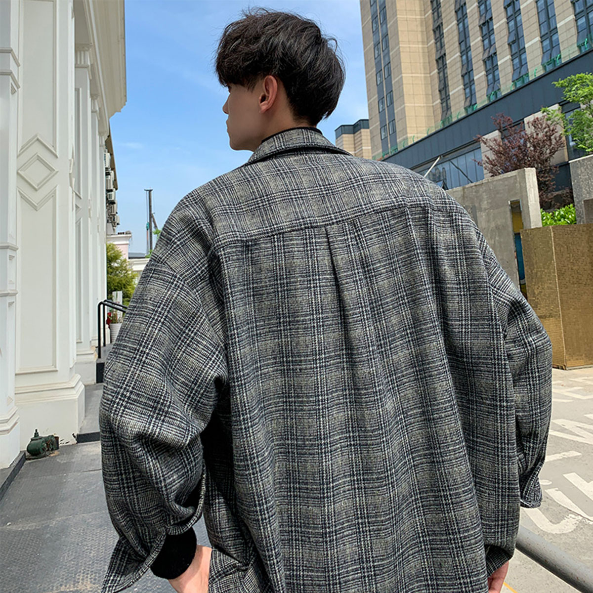 大货秋季男衬衫加厚大码宽松潮流港风帅气格子毛呢外套M1018P65,男装衬衫,电商B413-1