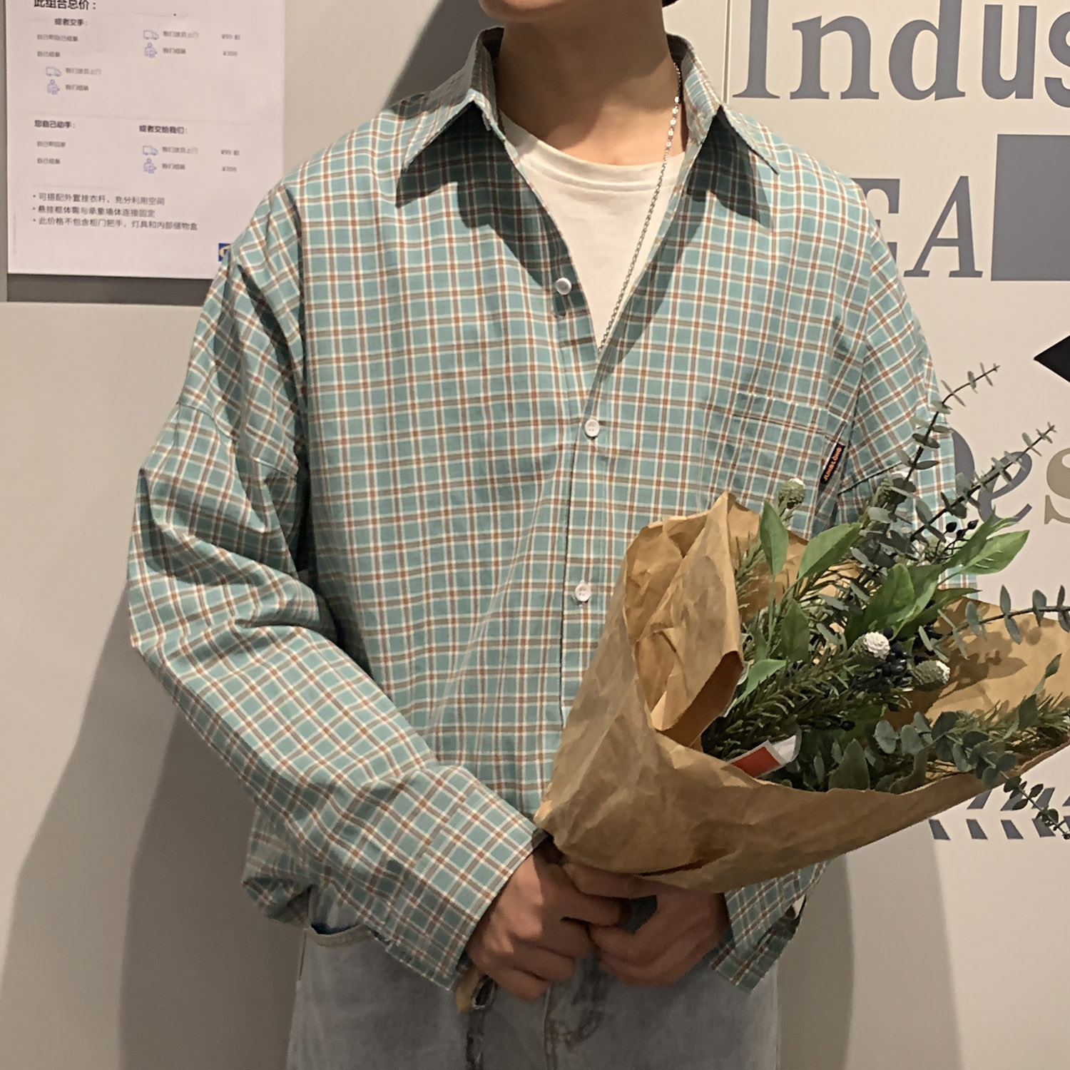 港风ins格子衬衫男士长袖韩版潮流大码外套休闲情侣衬衣CS601P45,男装衬衫,电商B413-1