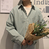 港风ins格子衬衫男士长袖韩版潮流大码外套休闲情侣衬衣CS601P45，男装衬衫，电商B413-1