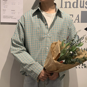 港风ins格子衬衫男士长袖韩版潮流大码外套休闲情侣衬衣CS601 P45图片