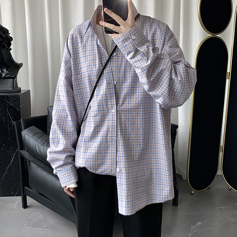港风格子衬衫男士ins长袖韩版潮流加大码休闲情侣衬衣男CS601P45,男装衬衫,电商B413-1