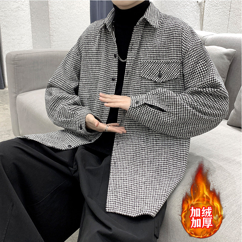 加绒加厚大码衬衫男秋装韩版潮流帅气港风衬衣休闲外套DX35 P70图片