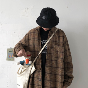 2020港风休闲情侣大码磨毛呢料格子衬衫男衬衣潮外套M1018 P65图片