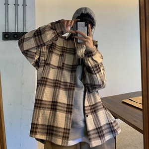 衬衫男潮牌秋冬季港风韩版潮流格子厚款休闲宽松百搭衬衣DX32TP55图片