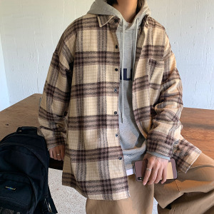 衬衫男潮牌秋冬季港风韩版潮流格子厚款休闲宽松百搭衬衣DX32TP55图片