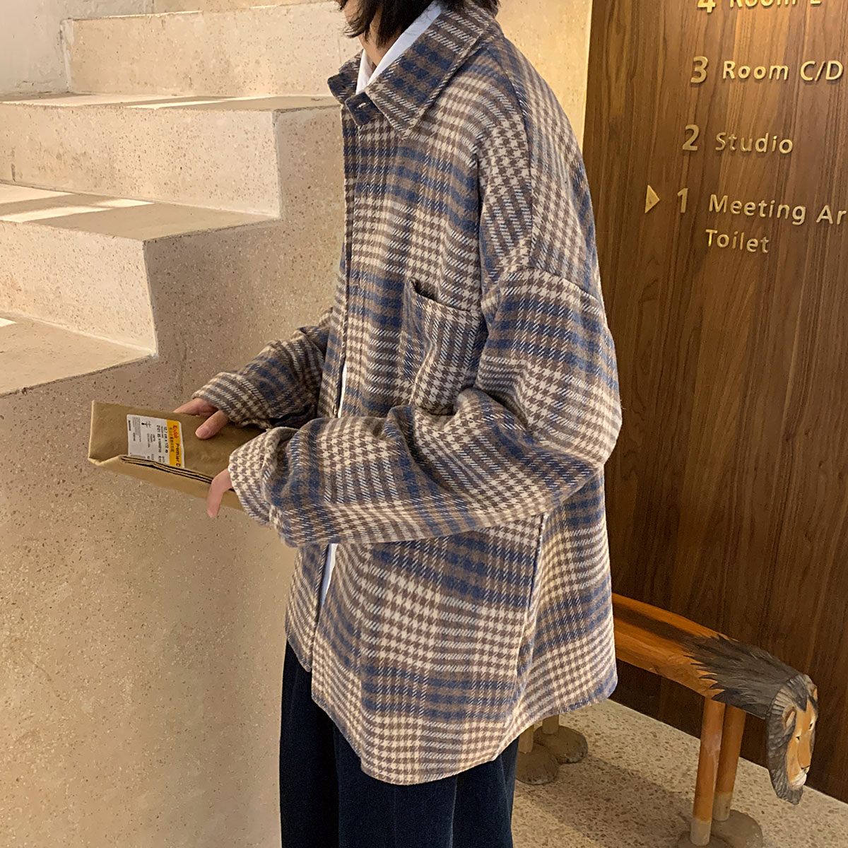 衬衫男潮牌秋冬季港风韩版潮流格子厚款休闲宽松百搭衬衣DX32TP55,男装衬衫,电商B413-1