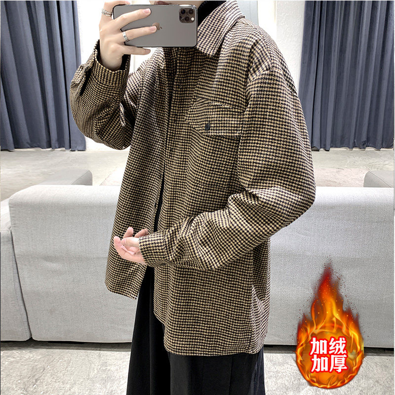 加绒加厚大码衬衫男秋装韩版潮流帅气港风衬衣休闲外套DX35P70,男装衬衫,电商B413-1