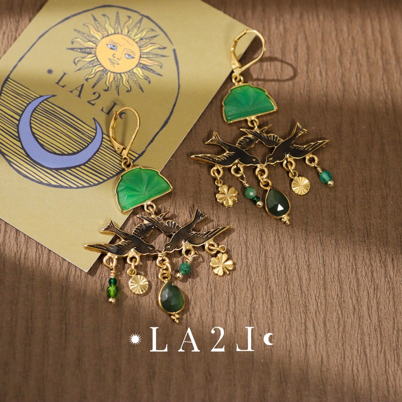 法国LA2L正品 古典神秘复古燕子十字四叶草蛇纹石琉璃限量耳钉