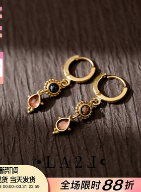 法国LA2L正品 古典神秘小花爱心水滴箭头彼得石碧玺水晶精致耳环