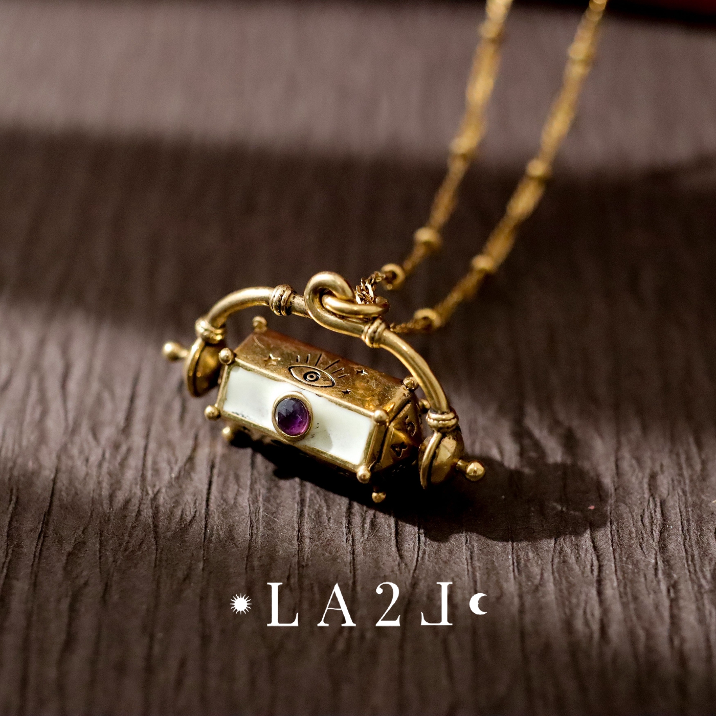 法国LA2L正品 古典神秘6面可转动的幸运之轮碧玺紫水晶四叶草项链