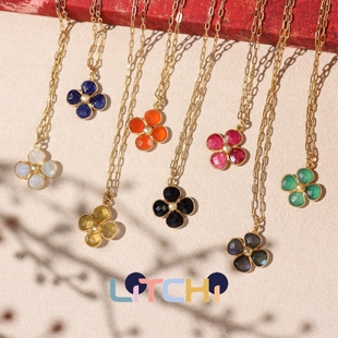 巴黎LITCHI正品代购Trefle幸运四叶草花朵多色天然石切面耳环项链