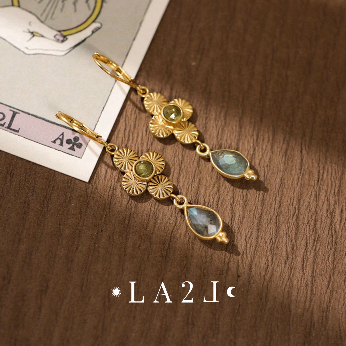 法国LA2L正品 古典神秘Simone trefle橄榄石拉长石幸运四叶草耳环