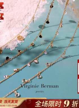 法国Virginie Berman拉丝圆片黑尖晶珍珠水晶铃铛雨滴单双层项链
