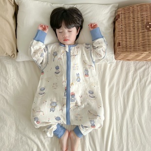 春秋冬婴幼儿童连体睡衣长袖四六层纱布睡袋男女宝宝泡泡纱暖气房
