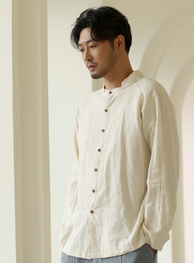 楠中式全麻衬衫国风男装春季苎麻衬衫宽松亚麻上衣长袖立领星弦
