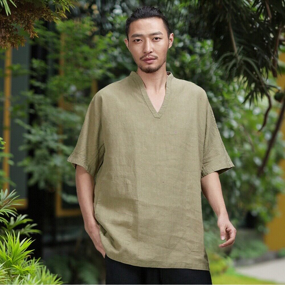 楠唐装中国风男装夏季t恤男短袖V领苎麻薄款大码宽松全麻上衣凌风
