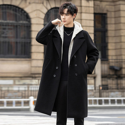 美式简约复古风衣春秋潮牌假两件风衣男宽松情侣中长款毛呢大衣男