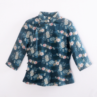 新款 女装 春夏七分袖 苎麻印花女服斜襟改良中式 立领旗袍上衣 龙妙