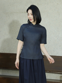 藏青 龙妙旗袍上衣春夏 女装 亚麻改良大襟半身中式 藏蓝 四分中袖