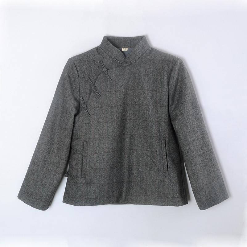 龙妙 2025春秋装新款羊毛呢格子旗袍上衣盘扣中式女装外套 中灰格