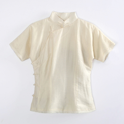 龙妙旗袍上衣 夏季新款短袖连袖提花斜襟全盘扣中式女装 米黄色