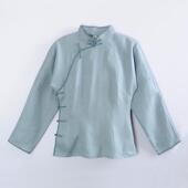 九分连袖 春秋 旗袍上衣 亚麻盘扣改良中式 灰蓝 龙妙 女装 新款