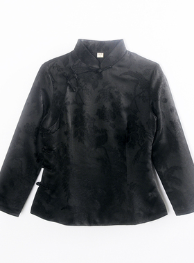 龙妙 秋季新款九分袖旗袍上衣 斜襟盘扣改良中式女装 喜鹊 黑色