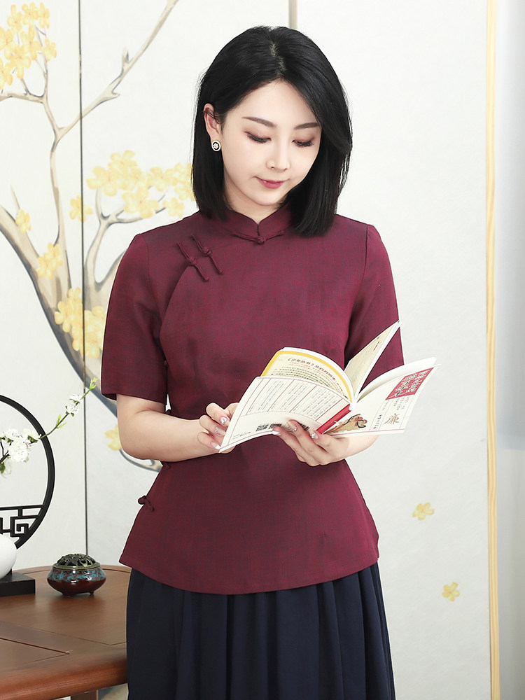 龙妙旗袍上衣春夏 四分中袖 高品质色织亚麻复古中式女装 蘇芳色