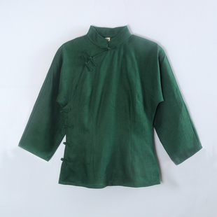 九分连袖 新款 旗袍上衣 亚麻盘扣改良中式 墨绿 龙妙 女装 秋季