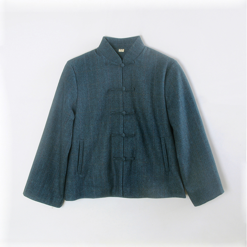 龙妙 2025春秋装新款羊毛呢唐装上衣盘扣对襟中式女装外套 孔蓝格