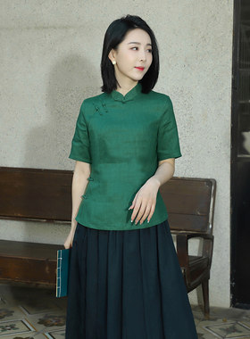 龙妙四分中袖旗袍上衣亚麻春夏秋