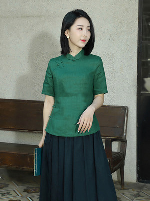 龙妙四分中袖旗袍上衣亚麻春夏秋