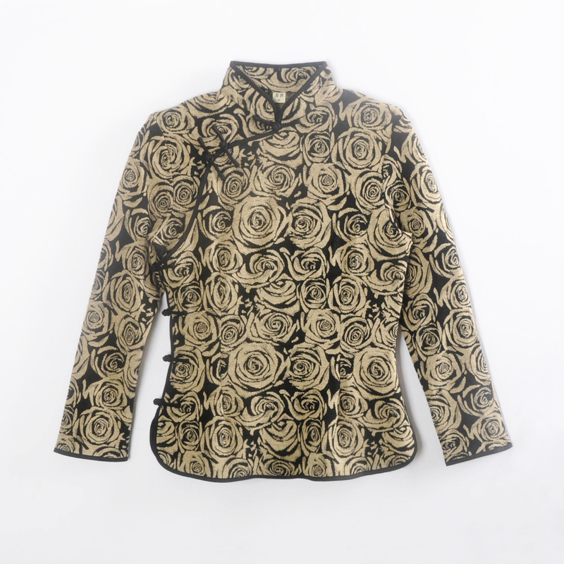 龙妙 秋季新款针织旗袍上衣 印花盘扣打底衫中式女装小玫瑰