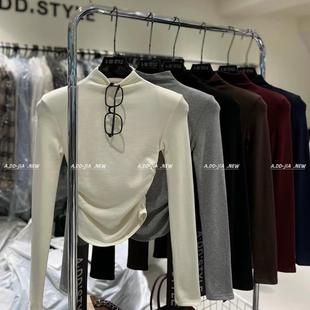 T恤打底衫 ADD加厚磨毛高领T恤韩版 显瘦褶皱设计感长袖 新款 女 冬季