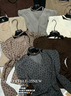 ADD波点上衣2025秋冬新款气质修身显瘦飘带设计感v领圆点长袖T恤