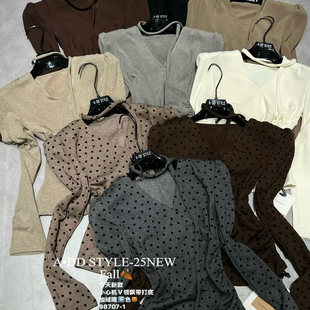 T恤 显瘦飘带设计感v领圆点长袖 ADD波点上衣2025秋冬新款 气质修身